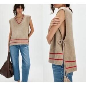 Free People All Star Poncho Knit Sweater Tank Tan Taupe Red Stripe One Size